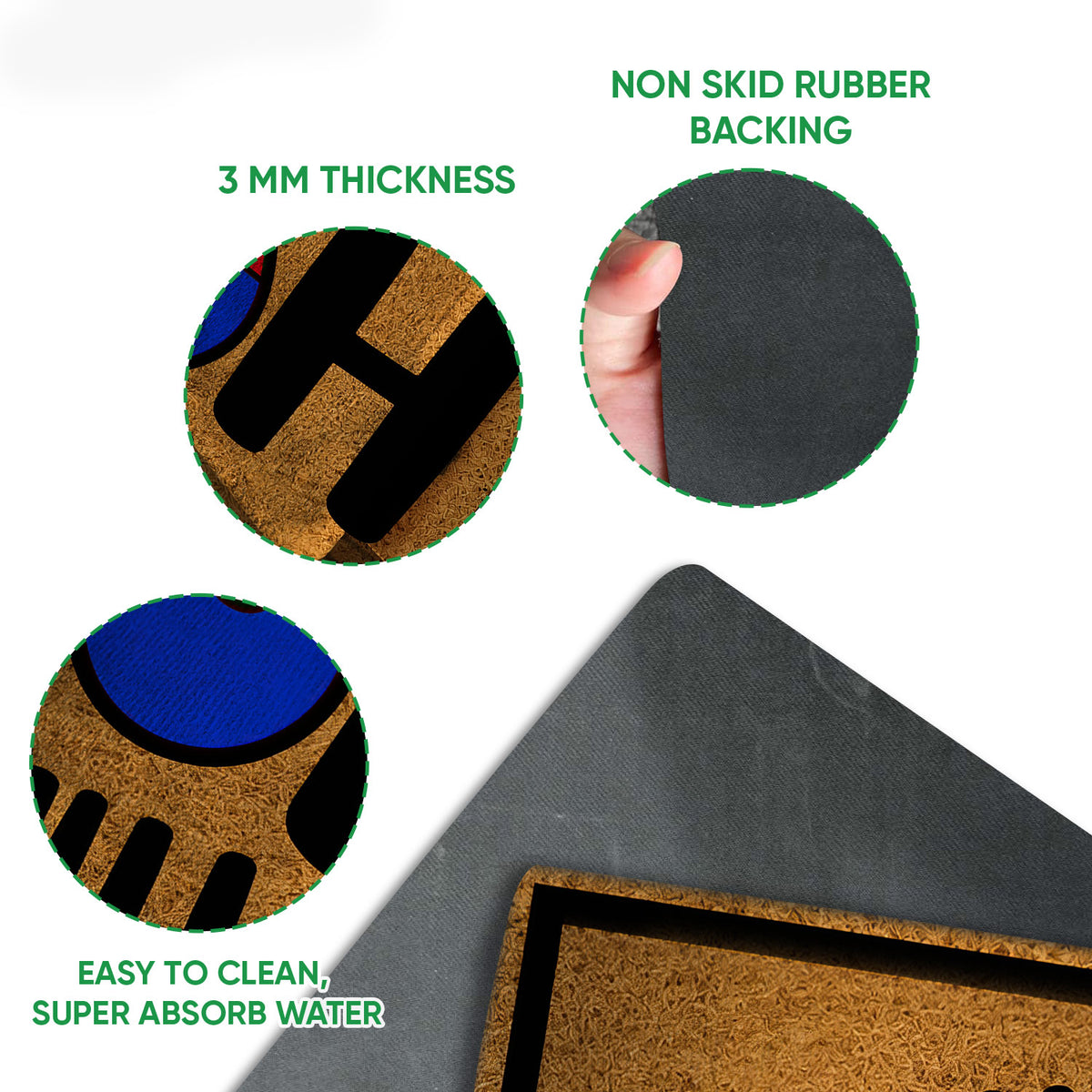 Autism doormat feature view showing the printed top surface, edge detail, and black rubber backing