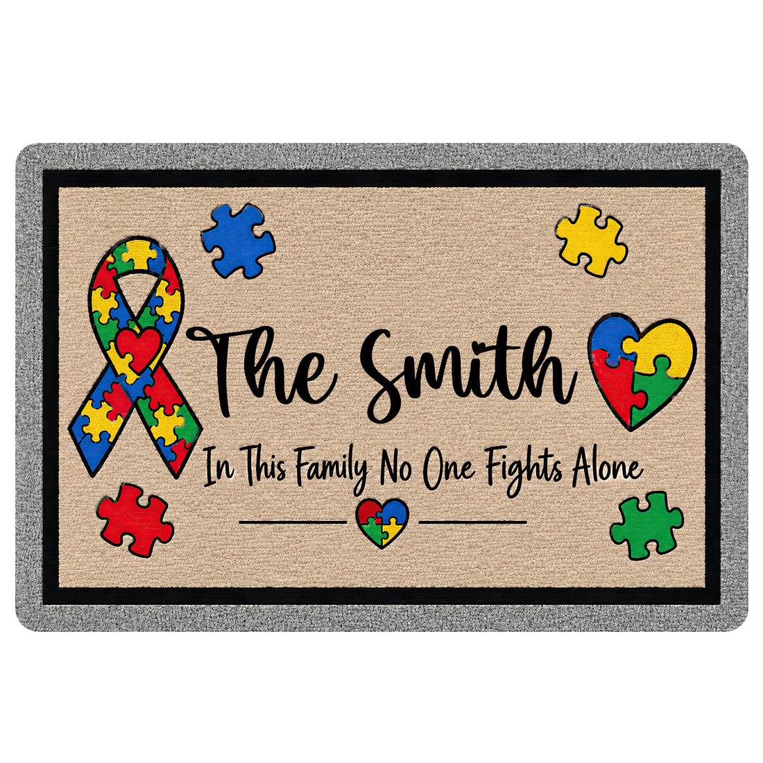 Autism awareness doormat with a colorful puzzle-piece ribbon, hearts, and a supportive family message