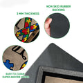 Close-up view of the colorful autism awareness doormat design and black rubber backing