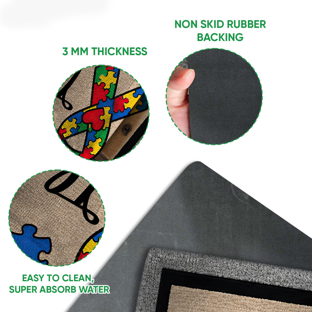 Close-up view of the colorful autism awareness doormat design and black rubber backing