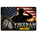 Vietnam veteran doormat design with saluting soldier, dog tags, American flag, medals, and bold tribute artwork