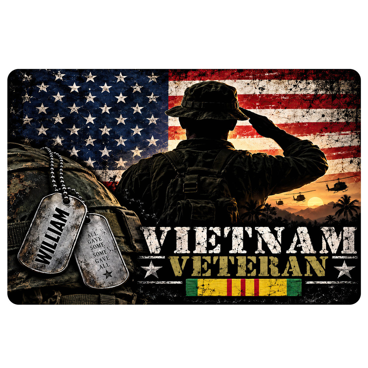 Vietnam veteran doormat design with saluting soldier, dog tags, American flag, medals, and bold tribute artwork