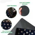 Close-up of Vietnam veteran doormat artwork and textured rubber backing with feature callouts