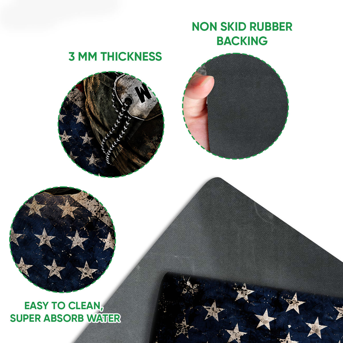 Close-up of Vietnam veteran doormat artwork and textured rubber backing with feature callouts