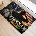 Vietnam veteran rubber door mat shown at a doorway with distressed flag, soldier, and dog tag artwork