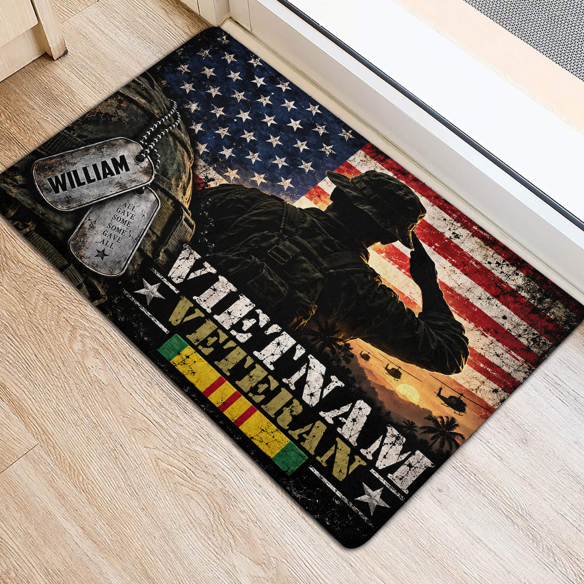 Vietnam veteran rubber door mat shown at a doorway with distressed flag, soldier, and dog tag artwork