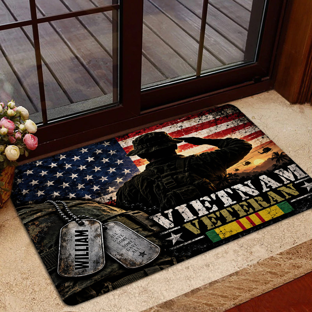 Vietnam veteran entryway mat displayed near a glass door with patriotic military tribute artwork