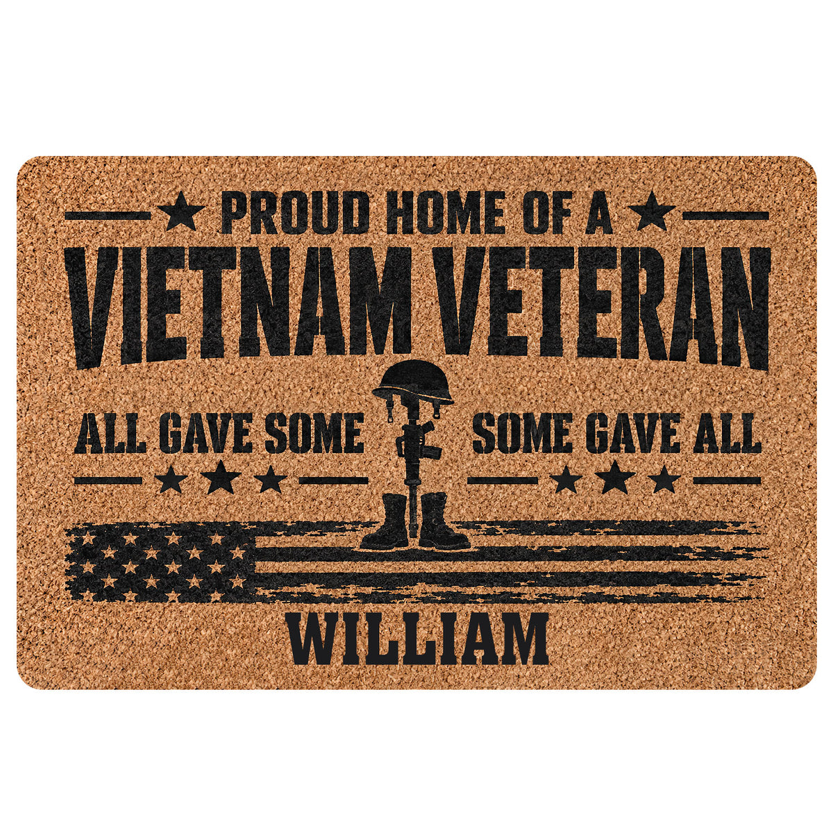 Vietnam Veteran doormat with patriotic flag, military boots, stars, tribute message, and bold black lettering