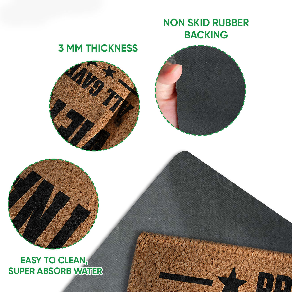 Close-up detail of the printed Vietnam Veteran doormat surface, edge, and rubber backing