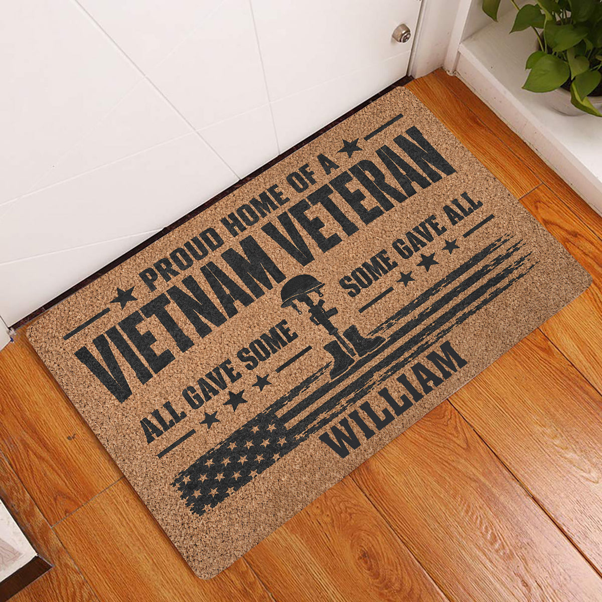 Vietnam Veteran doormat displayed at a home entrance on a warm wood floor