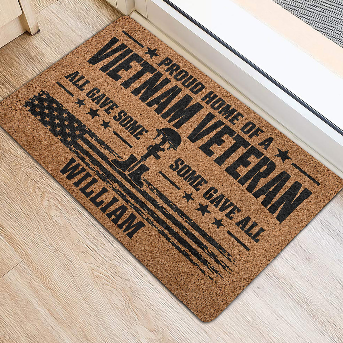 Patriotic Vietnam Veteran door mat placed inside an entryway near a doorway