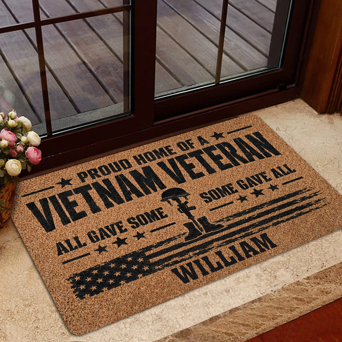 Vietnam Veteran welcome mat shown in a home entrance with patriotic artwork and military tribute design