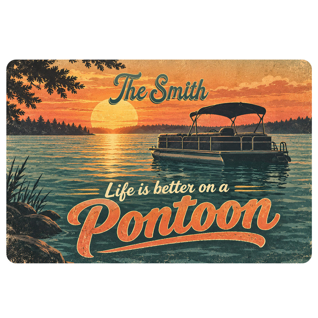 Pontoon doormat featuring a sunset lake scene, pontoon boat, evergreen trees, and decorative lettering