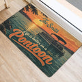 Pontoon entryway mat displayed beside a doorway with vintage sunset colors, lake water, and boat artwork