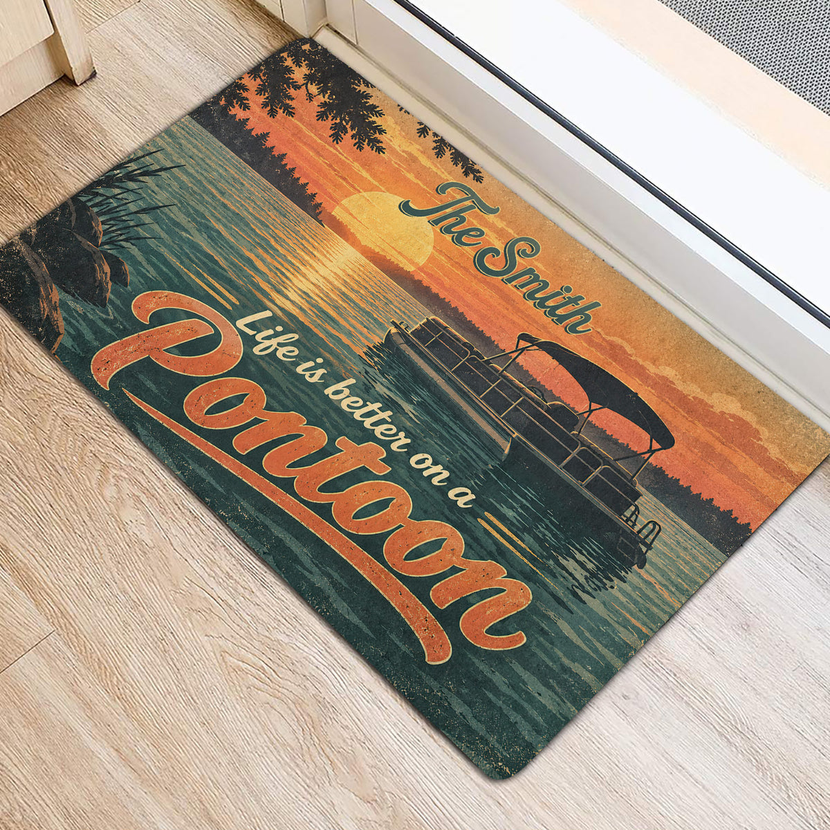 Pontoon entryway mat displayed beside a doorway with vintage sunset colors, lake water, and boat artwork