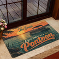 Pontoon doormat displayed at a glass entry door with a lake sunset, shoreline trees, and boat illustration