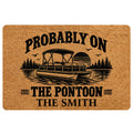 Pontoon boat doormat with lake, pine trees, sunset, birds and bold black decorative lettering