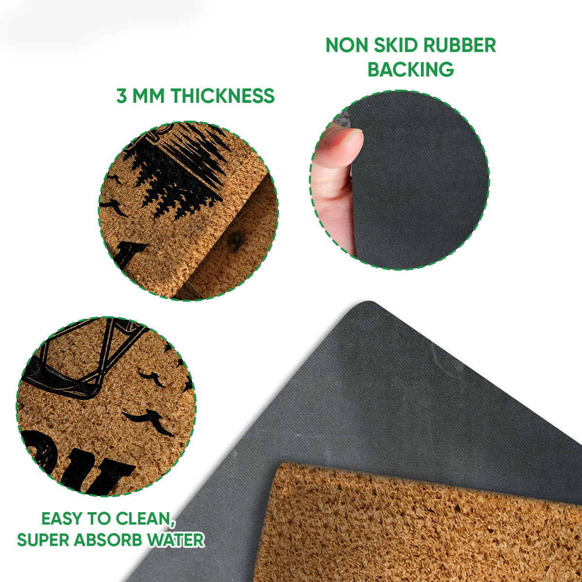 Close-up of pontoon boat doormat surface, thin profile and black rubber backing detail