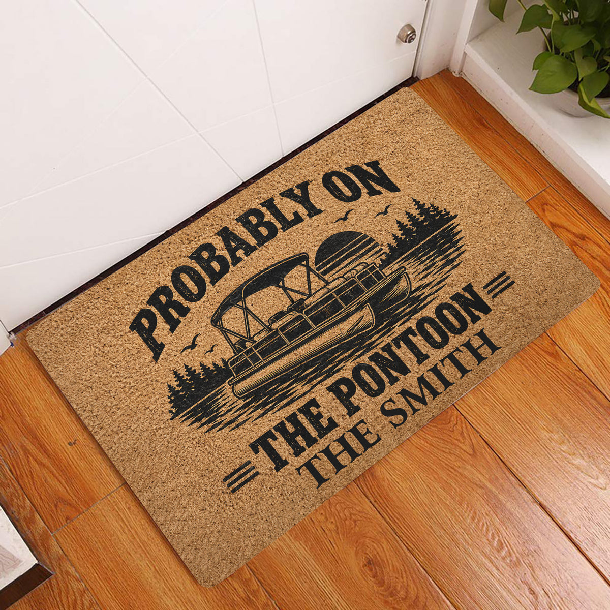 Pontoon boat entryway rug displayed beside a white door on a warm wood floor