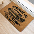 Pontoon boat rubber door mat styled at an entrance with lake-themed artwork and bold lettering