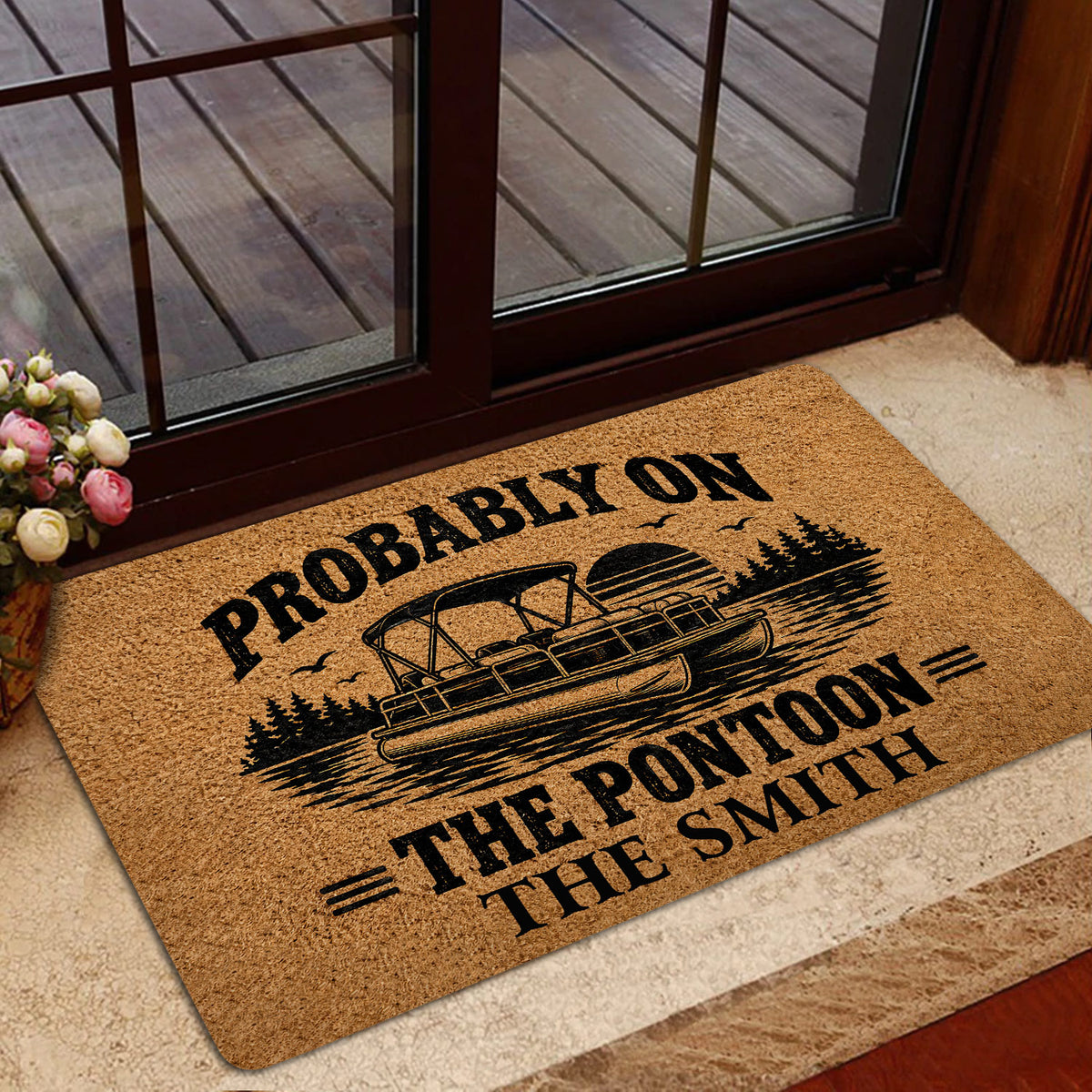 Pontoon boat doormat displayed in a home entryway near glass doors and a deck