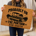 Pontoon boat doormat held indoors, showing the lake scene, sunset and vintage lettering