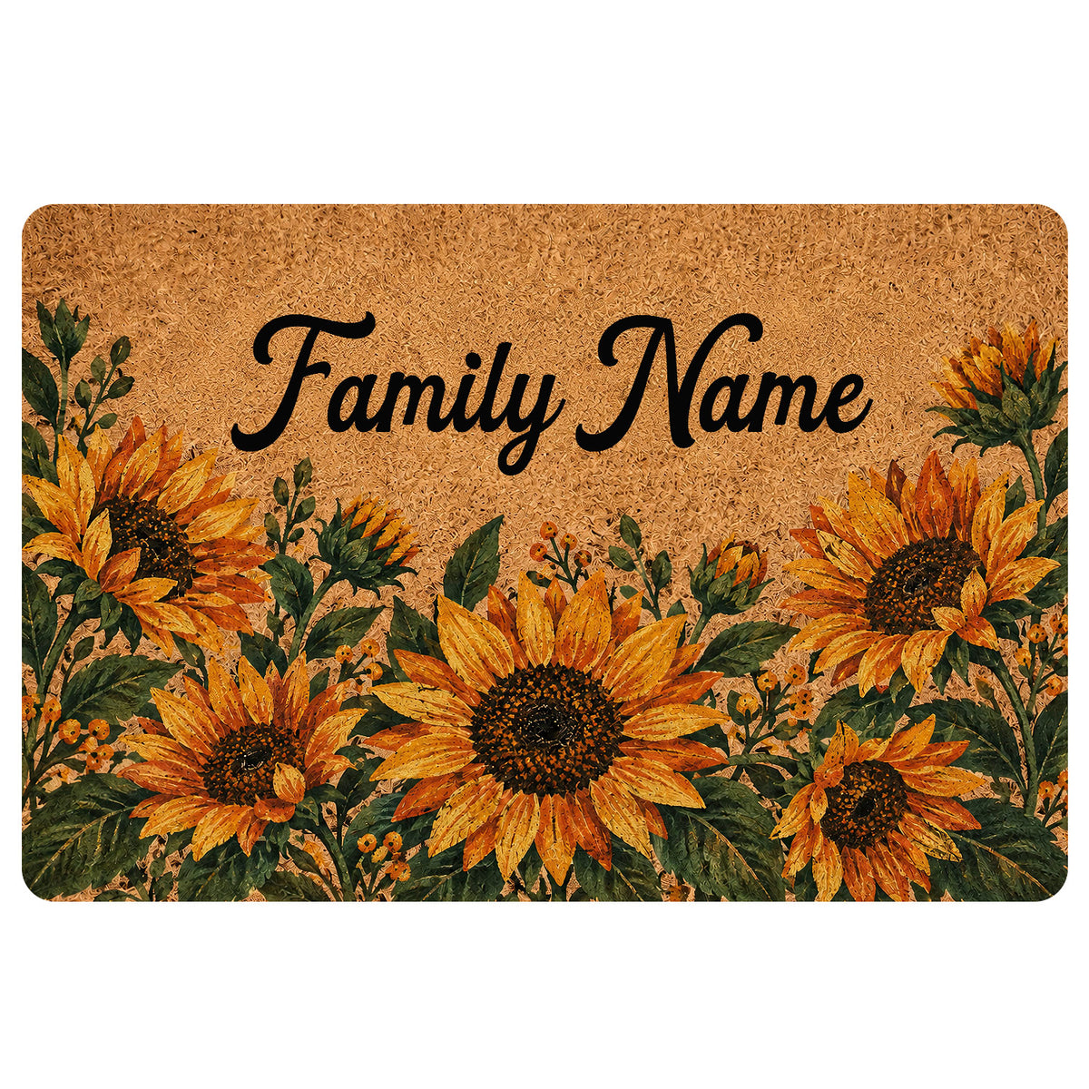Sunflower doormat with warm golden blooms, green foliage, and a tan textured background