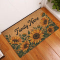Sunflower entryway rug displayed by a white door on a warm wood floor