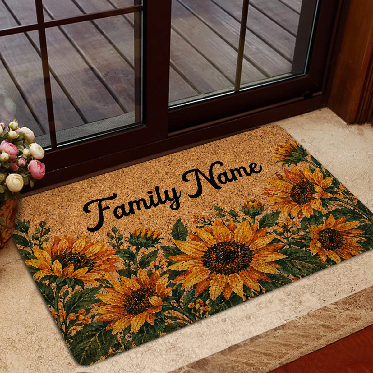 Sunflower doormat displayed inside a glass doorway with floral entryway decor