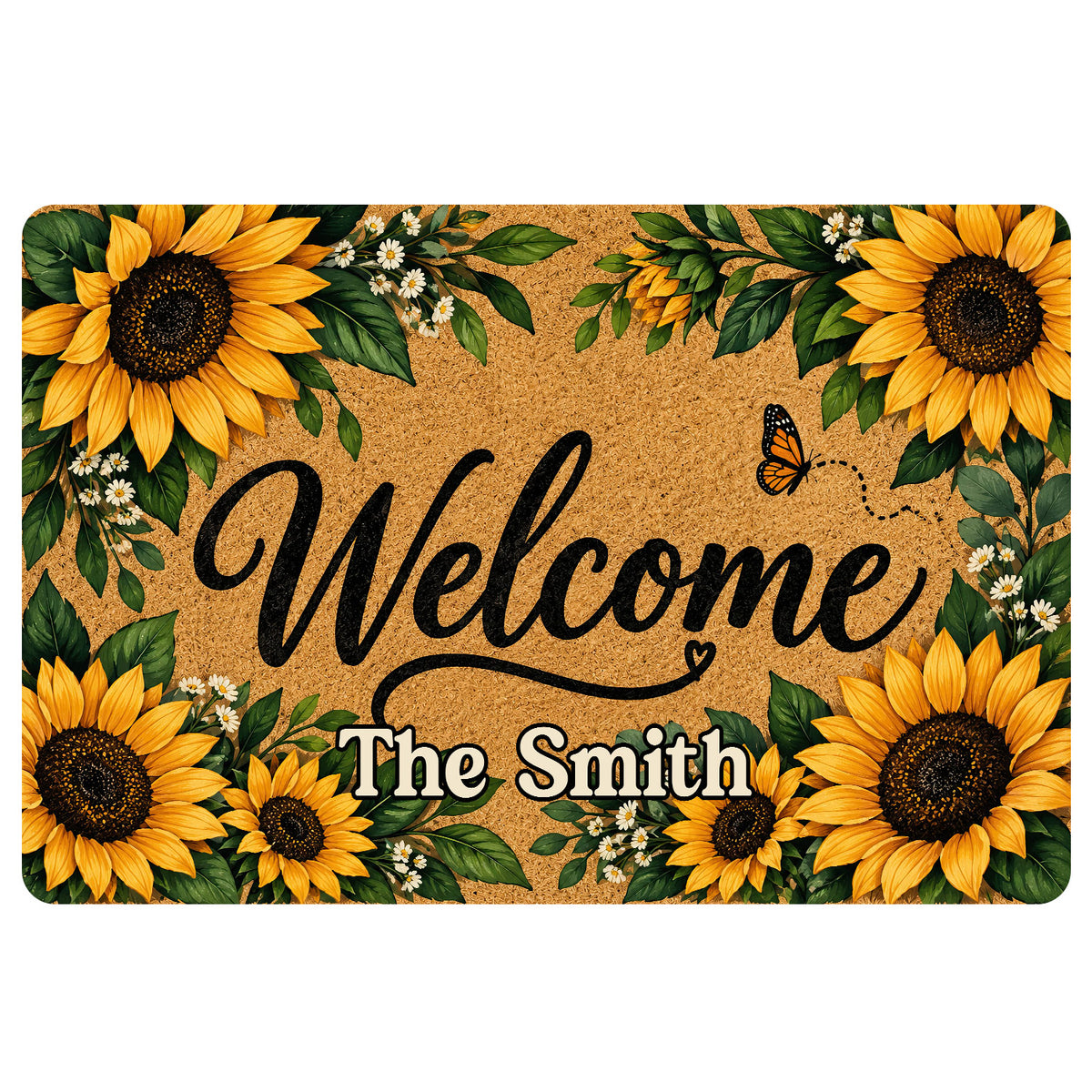 Sunflower welcome doormat with golden blooms, green leaves, butterfly artwork and a central greeting