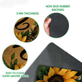 Close-up detail of sunflower doormat artwork alongside its dark rubber backing and thin profile