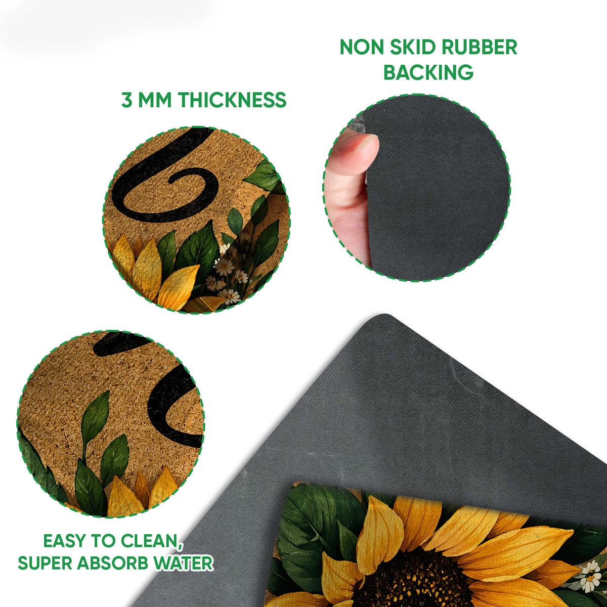 Close-up detail of sunflower doormat artwork alongside its dark rubber backing and thin profile
