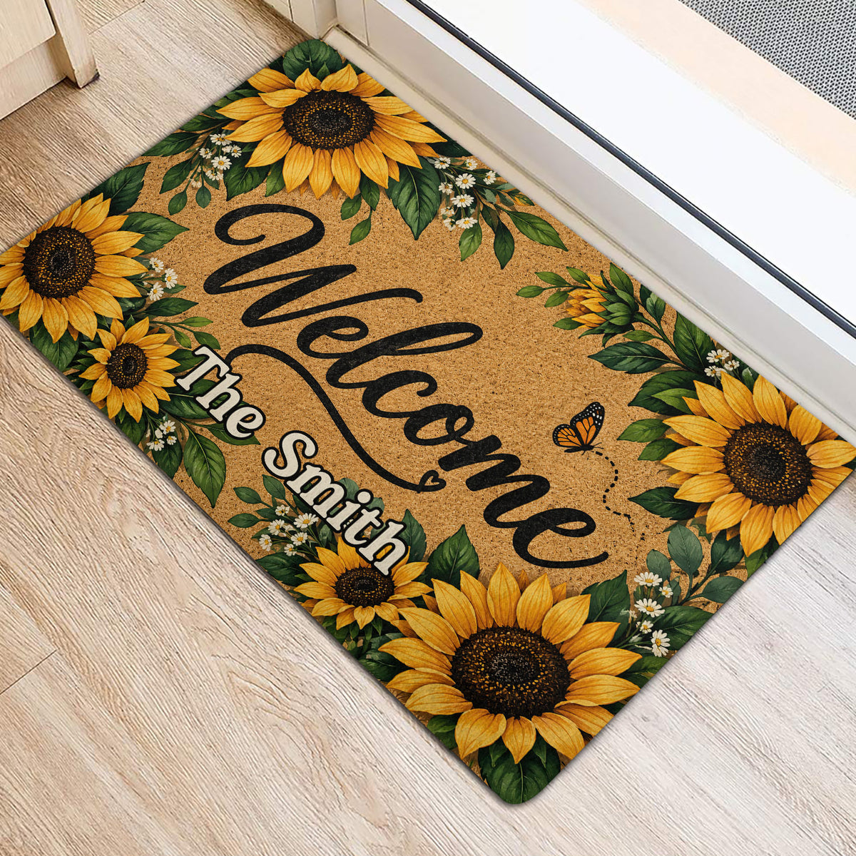 Floral sunflower doormat positioned by an interior doorway with a bright botanical border