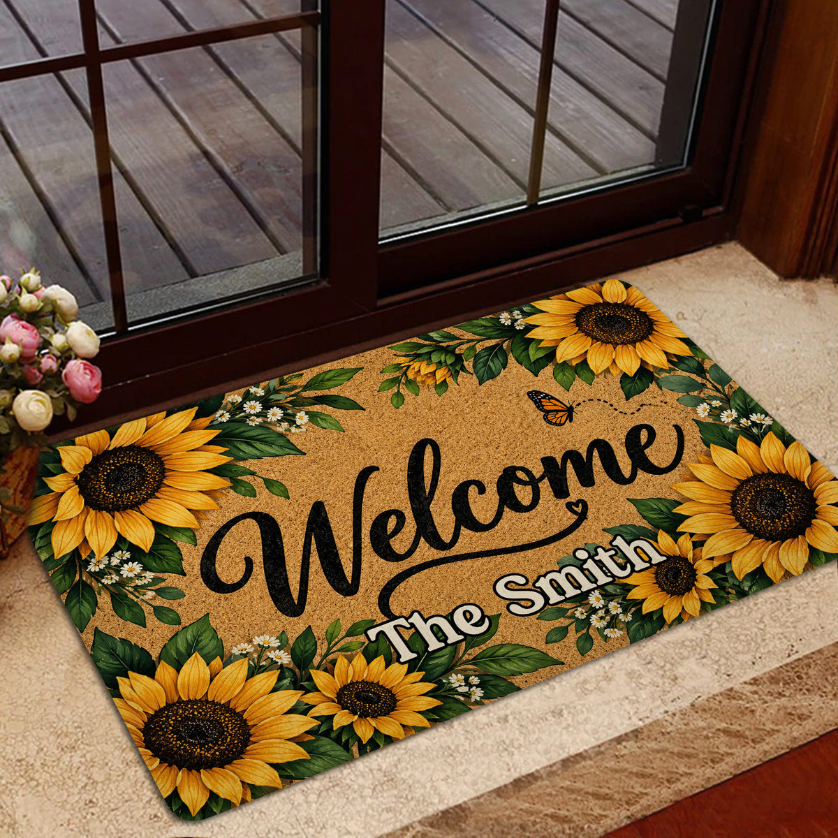 Sunflower welcome door mat shown at a glass entrance with vibrant floral artwork