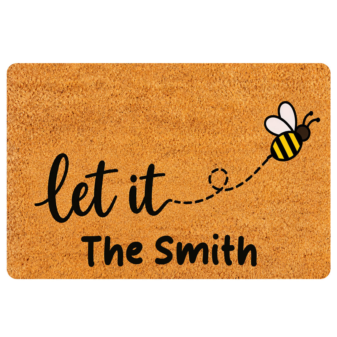 Bee-themed doormat with a flying honeybee illustration and warm golden entryway design
