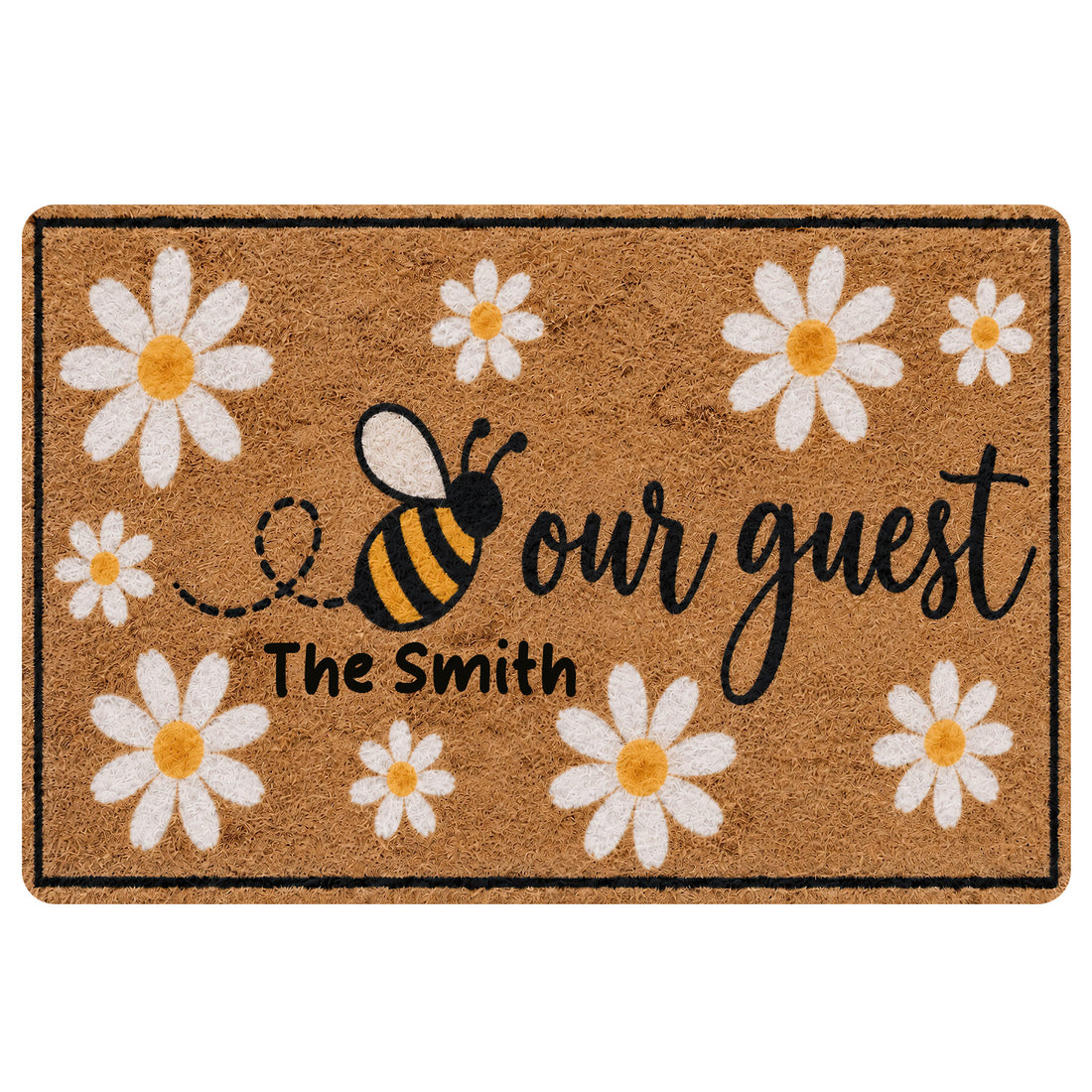 Bee doormat with white daisies, yellow accents, welcoming script, and floral border on a tan background