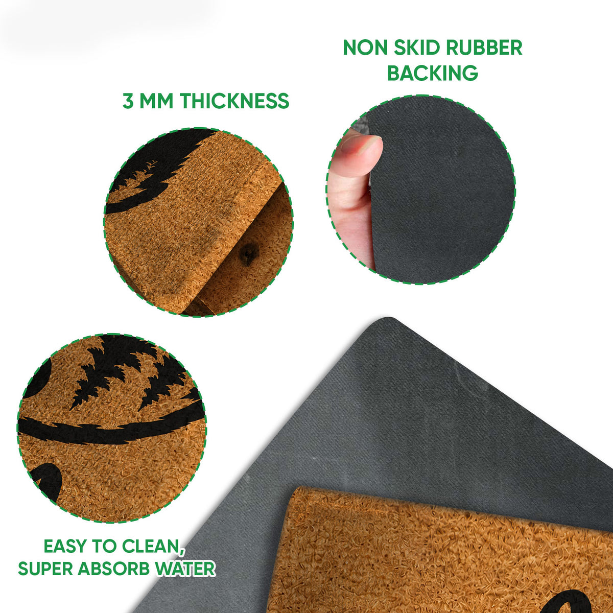 Close-up feature view showing the bear doormat surface, rubber backing, rounded edge, and easy-clean construction