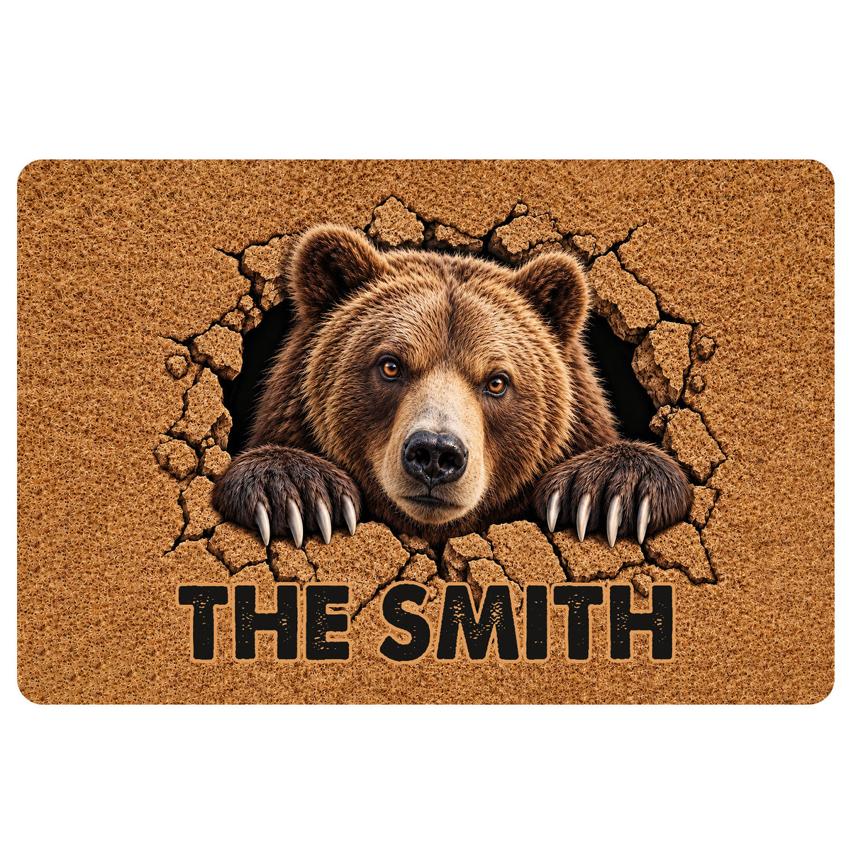 Bear doormat featuring a realistic brown bear breaking through a textured surface with bold lettering