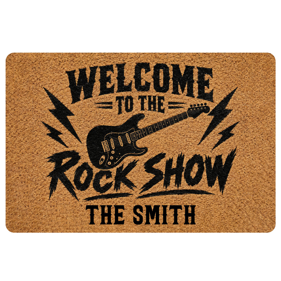 Rock and roll doormat with black electric guitar, lightning bolts, bold lettering, and a warm tan background