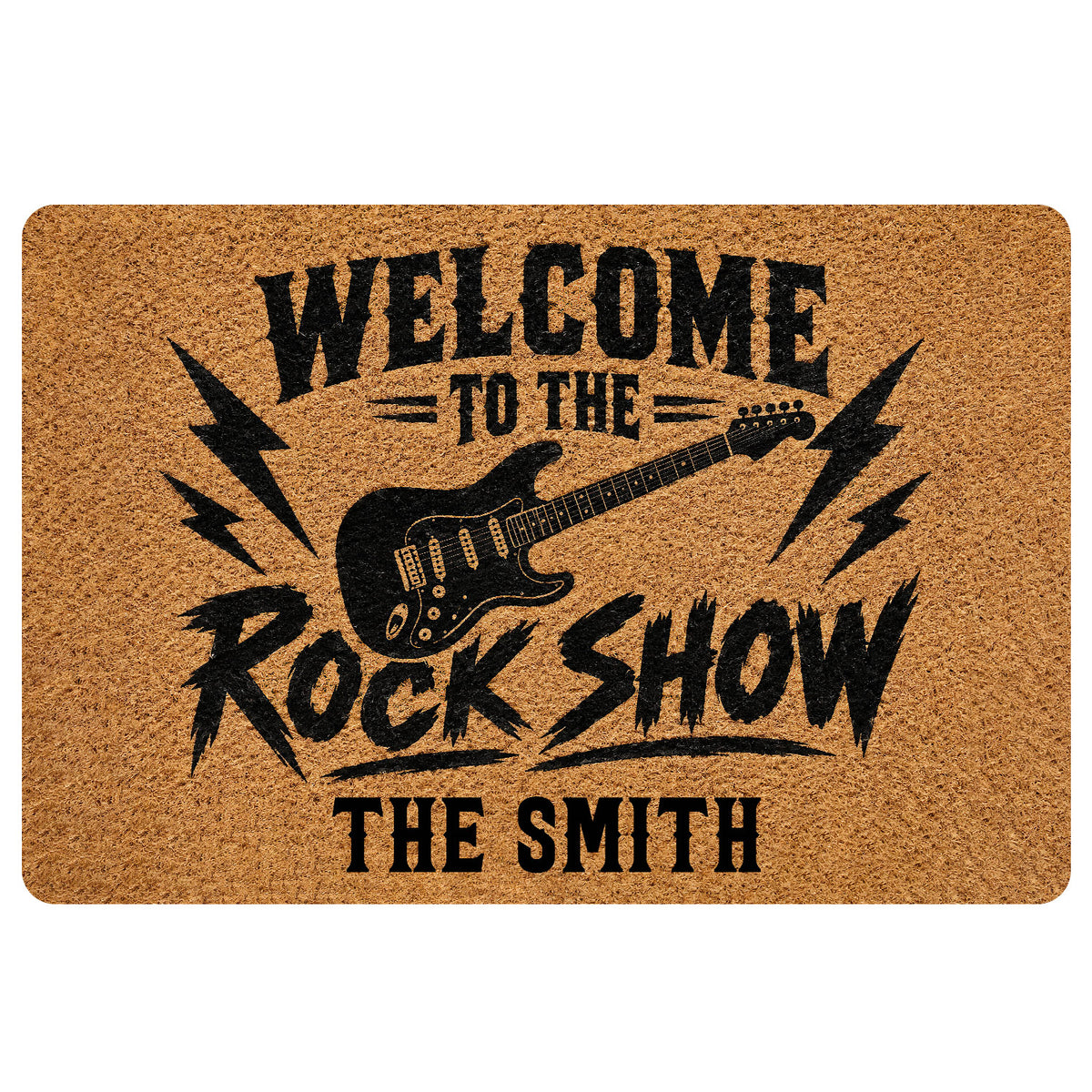 Rock and roll doormat with black electric guitar, lightning bolts, bold lettering, and a warm tan background