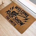 Electric guitar rock and roll door mat styled at an indoor entrance with bold black artwork