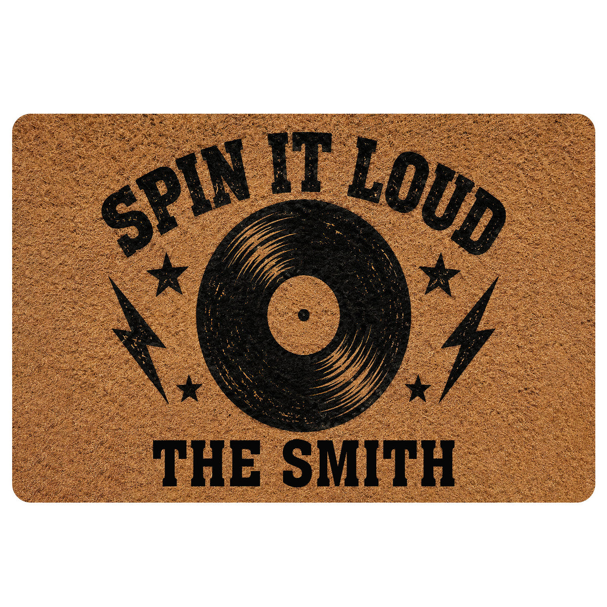 Rock and roll doormat with a black vinyl record, stars, lightning bolts, and bold vintage-style typography