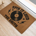 Rock and roll entryway rug with black record artwork, stars, and lightning bolt accents