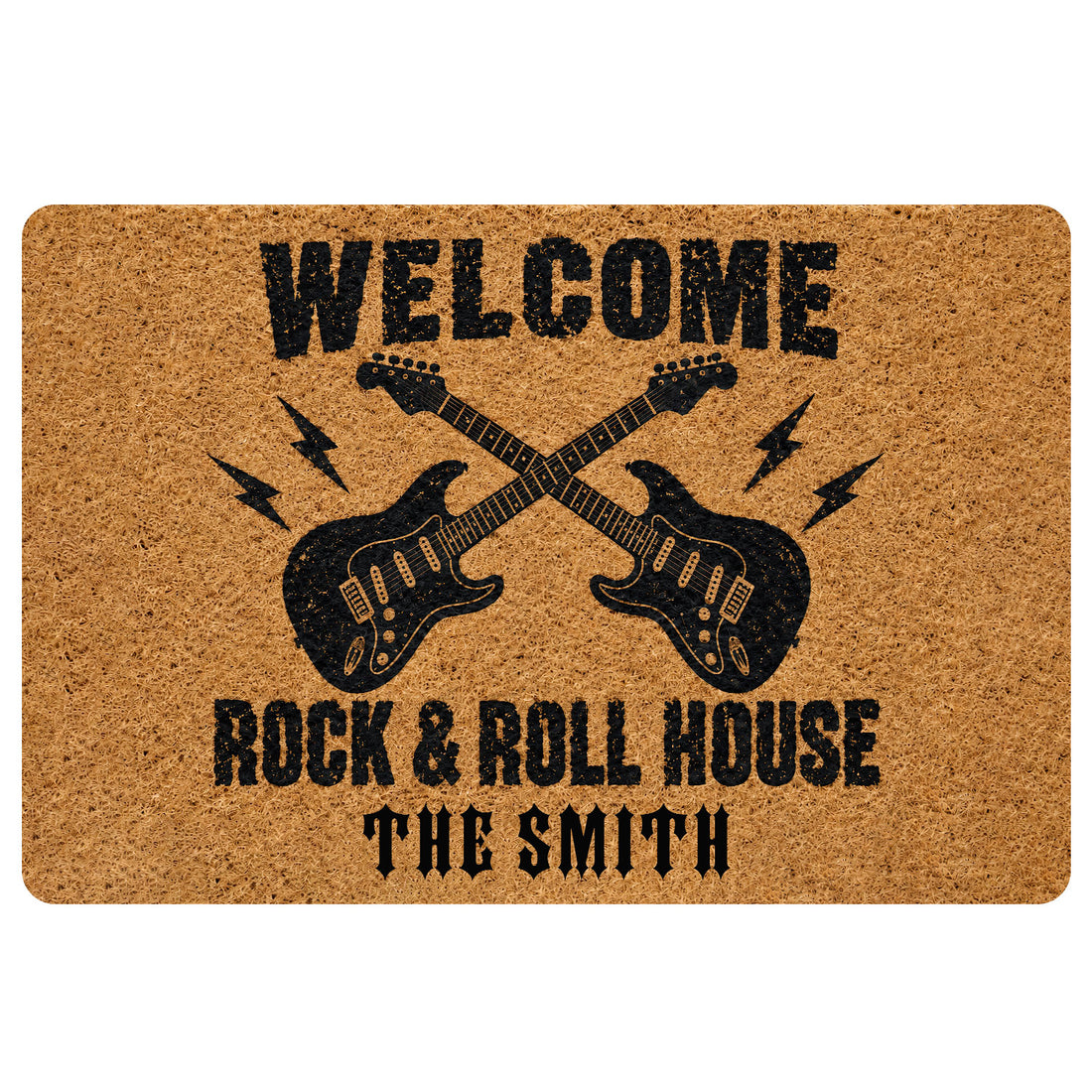 Rock and roll doormat with crossed electric guitars, lightning bolts, and bold black typography