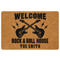 Rock and roll doormat with crossed electric guitars, lightning bolts, and bold black typography