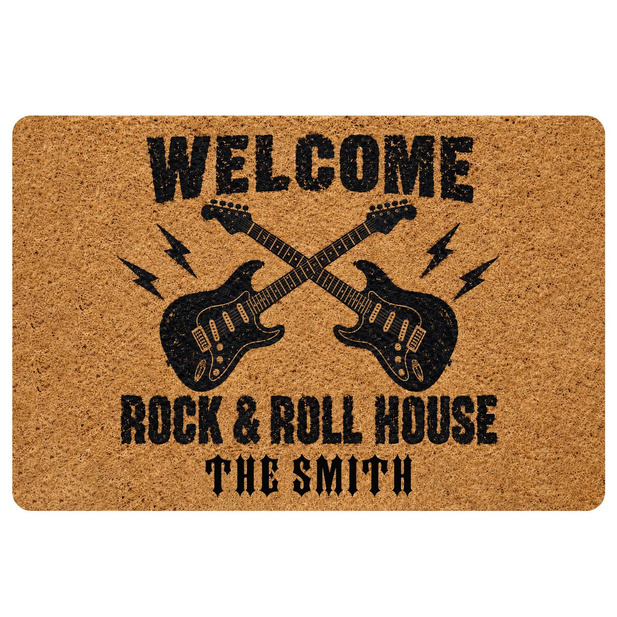 Rock and roll doormat with crossed electric guitars, lightning bolts, and bold black typography