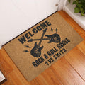 Rock and roll entryway rug with crossed guitars and lightning bolts on a wood floor