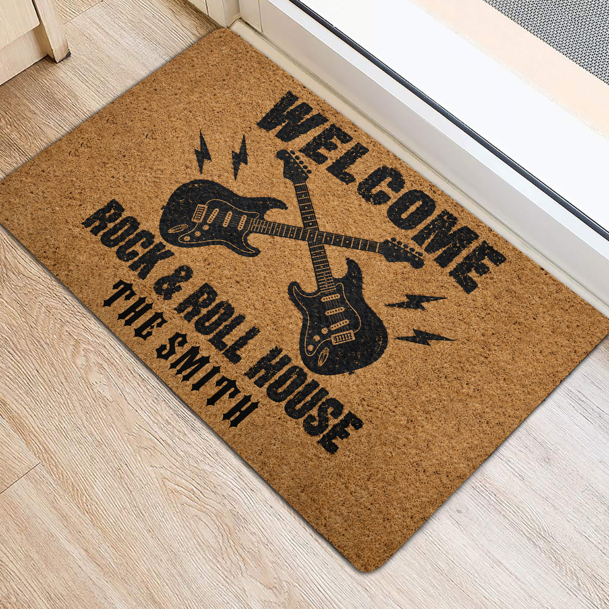 Rock music doormat displayed at an indoor entrance with electric guitar artwork