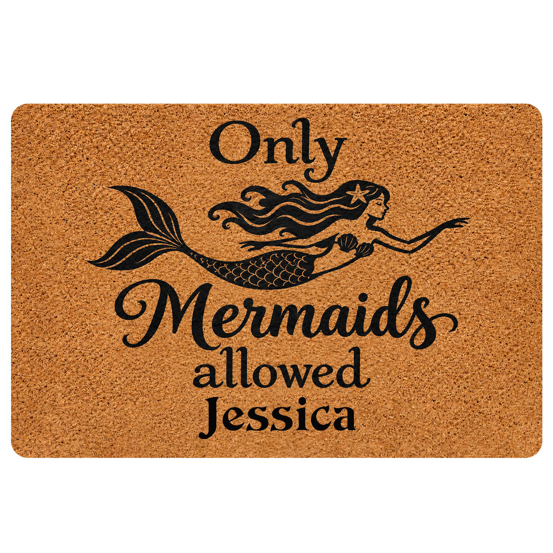 Mermaid doormat with a black mermaid silhouette, flowing hair, tail, and playful entryway message