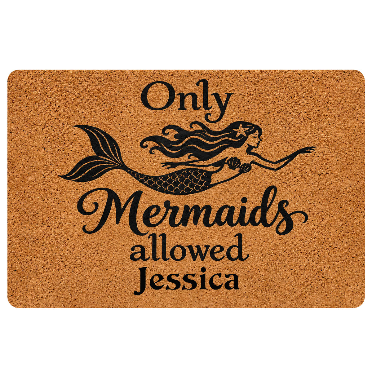 Mermaid doormat with a black mermaid silhouette, flowing hair, tail, and playful entryway message